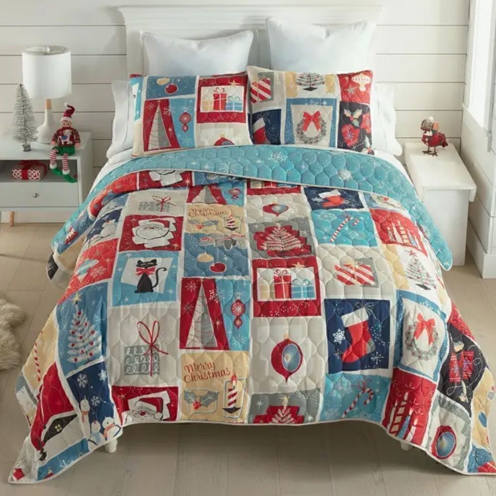NEW! Merry Retro Christmas Printed Quilt Set Holidays Winter Wreath Joy